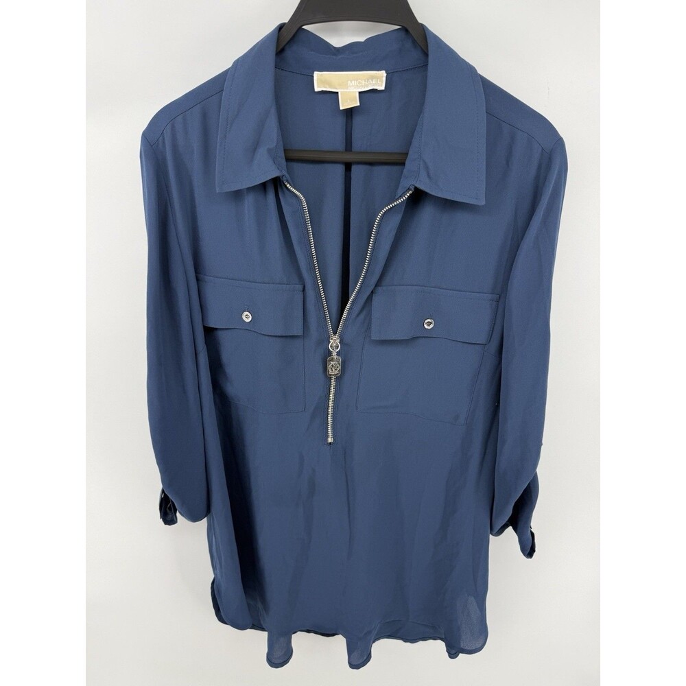 Michael Kors Women’s Blue Solid Collared Half-Zip Sheer Chiffon Blouse L